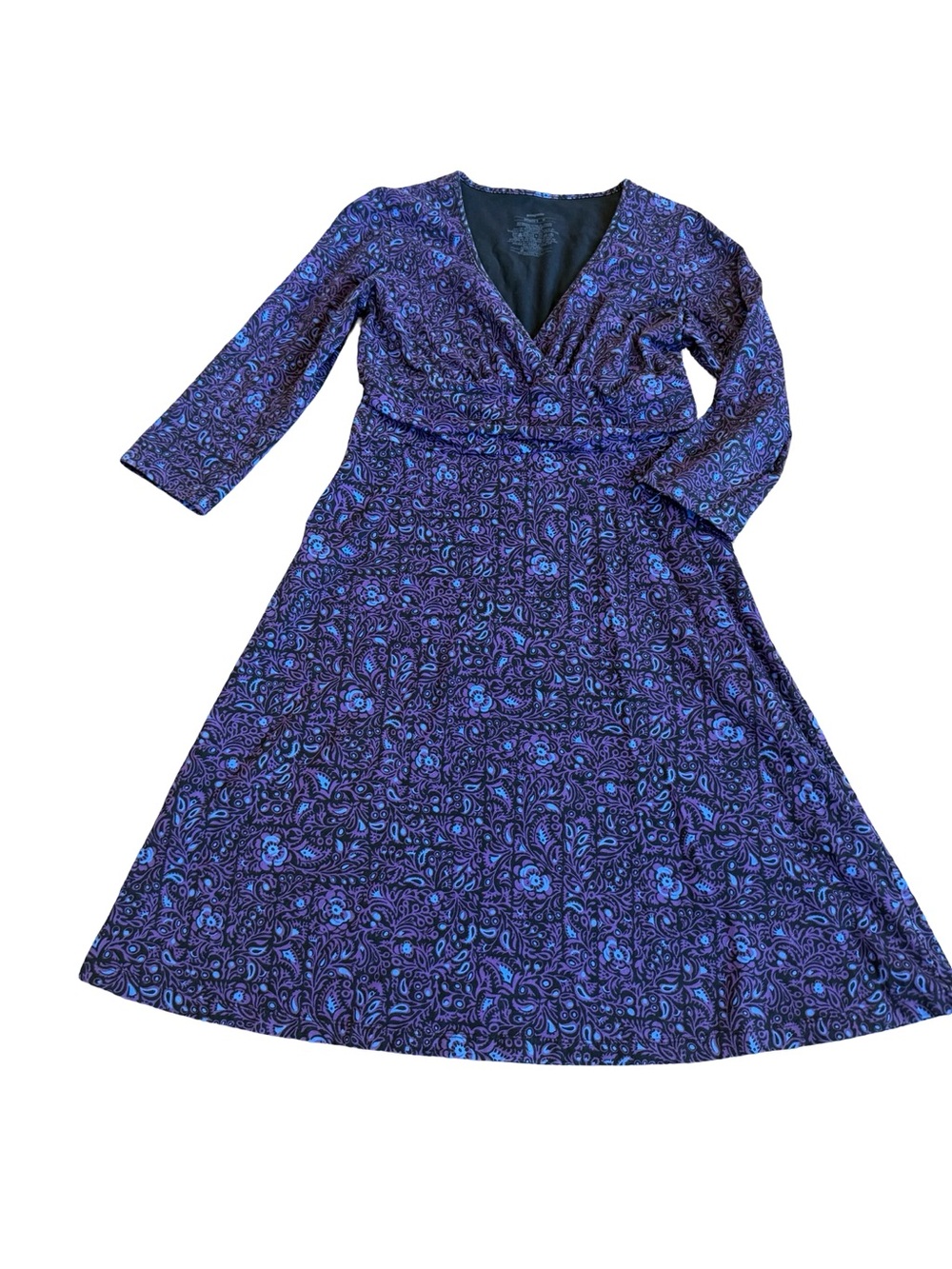 Patagonia Purple Blue Paisley Floral Dress Long Sleeve V Neck Fit Medium Women's